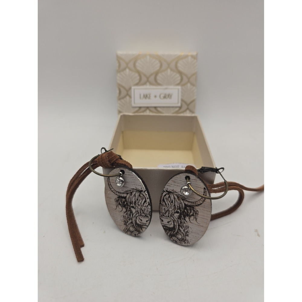 Lake + Gray Highland Cow Wooden Drizzle Earrings Western Boho Wood Gift Box